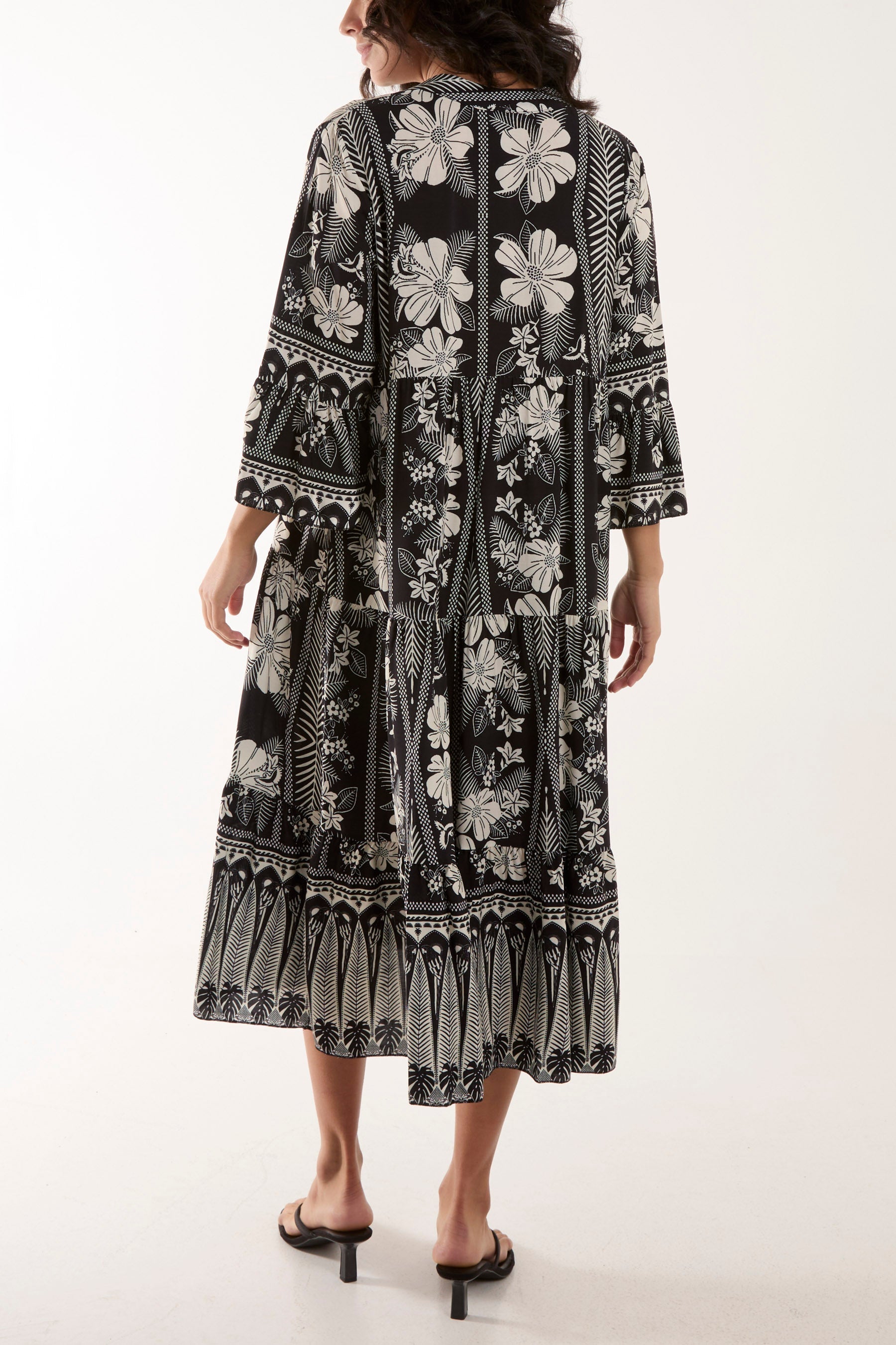 Floral Print Grandad Collar Midi Dress For Women  - Dropwear