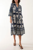 Light Blue Floral Print Grandad Collar Midi Dress For Women ONE SIZE - Dropwear