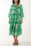 Khaki Floral Print Grandad Collar Midi Dress For Women ONE SIZE - Dropwear