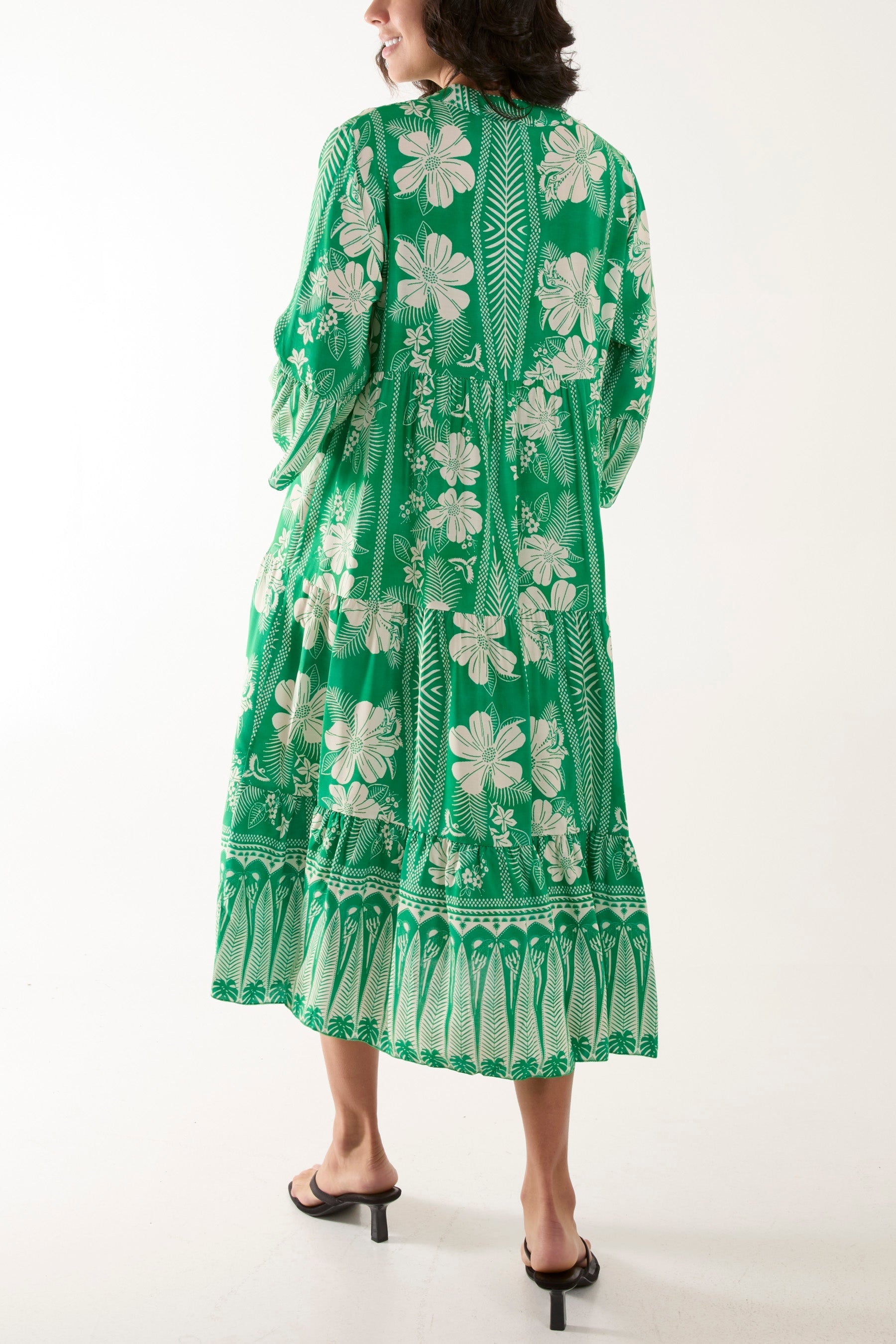 Hot Pink Floral Print Grandad Collar Midi Dress For Women ONE SIZE - Dropwear
