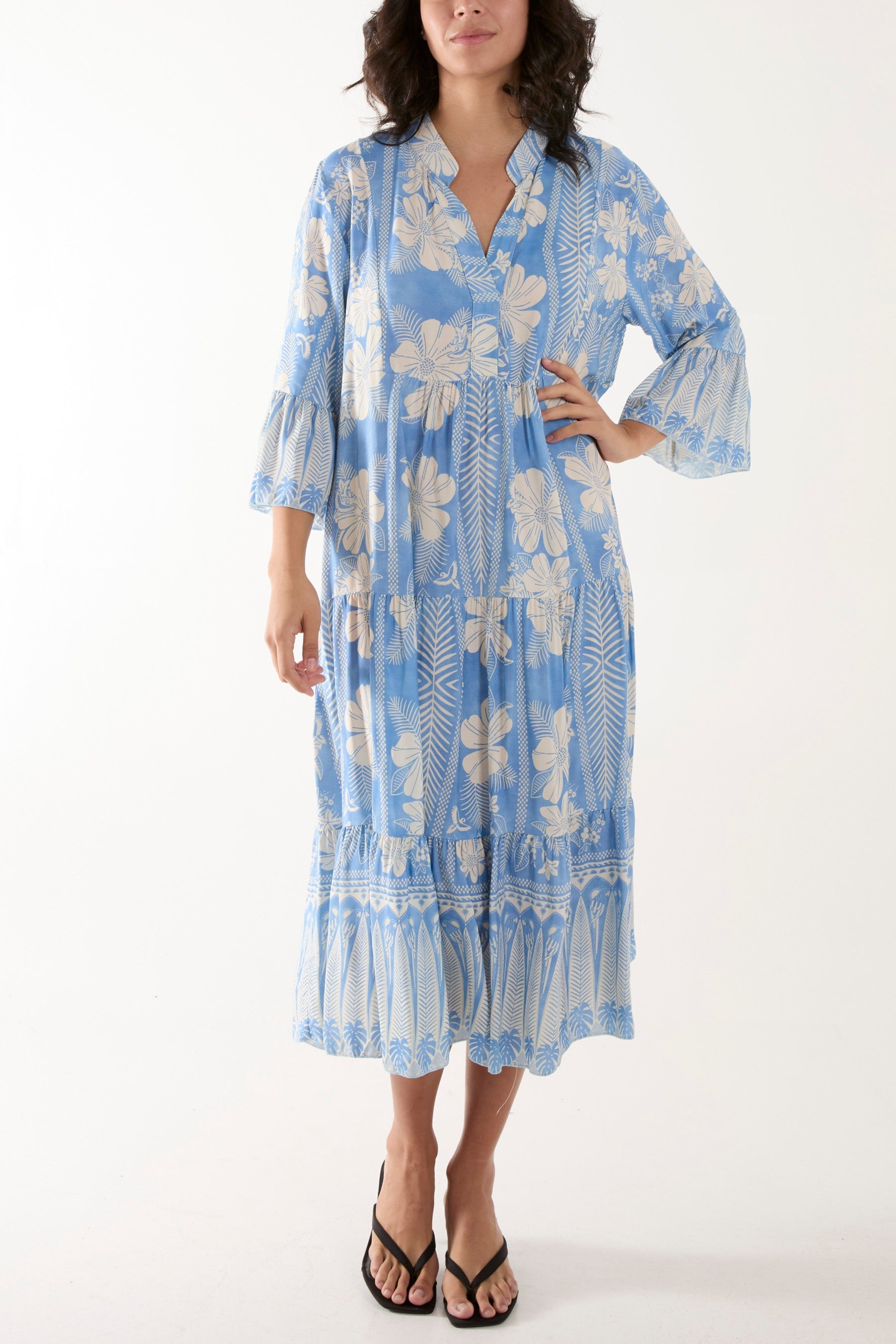 Royal Blue Floral Print Grandad Collar Midi Dress For Women ONE SIZE - Dropwear