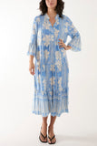 Royal Blue Floral Print Grandad Collar Midi Dress For Women ONE SIZE - Dropwear
