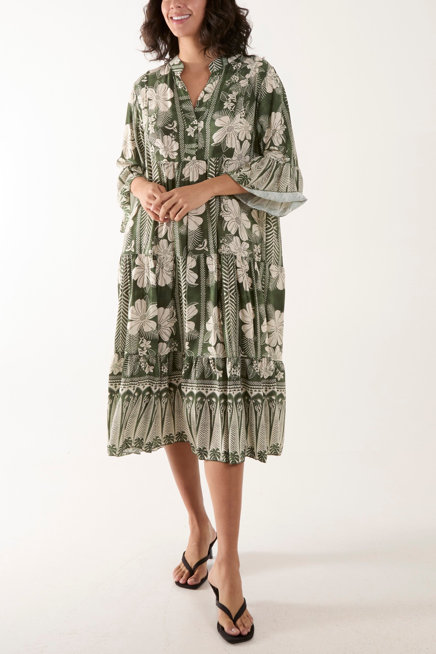 Navy Floral Print Grandad Collar Midi Dress For Women ONE SIZE - Dropwear
