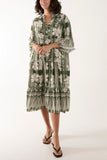 Navy Floral Print Grandad Collar Midi Dress For Women ONE SIZE - Dropwear