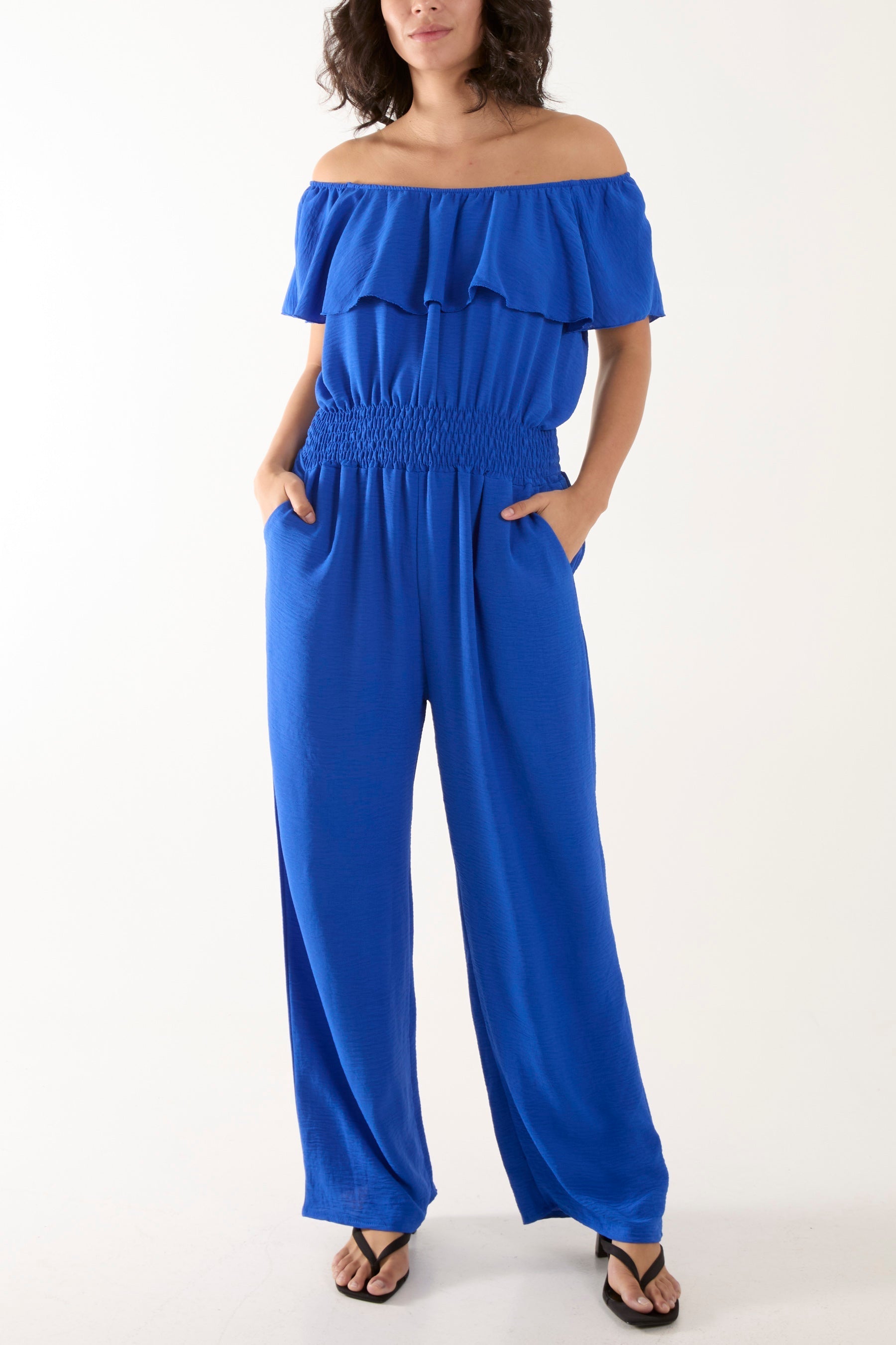 Frilled Bardot Shirred Waist Jumpsuit For Women  - Dropwear