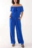 Frilled Bardot Shirred Waist Jumpsuit For Women  - Dropwear
