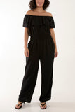 Frilled Bardot Shirred Waist Jumpsuit For Women  - Dropwear