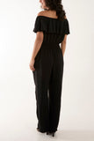 Frilled Bardot Shirred Waist Jumpsuit For Women  - Dropwear