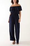 Royal Blue Frilled Bardot Shirred Waist Jumpsuit For Women ONE SIZE - Dropwear