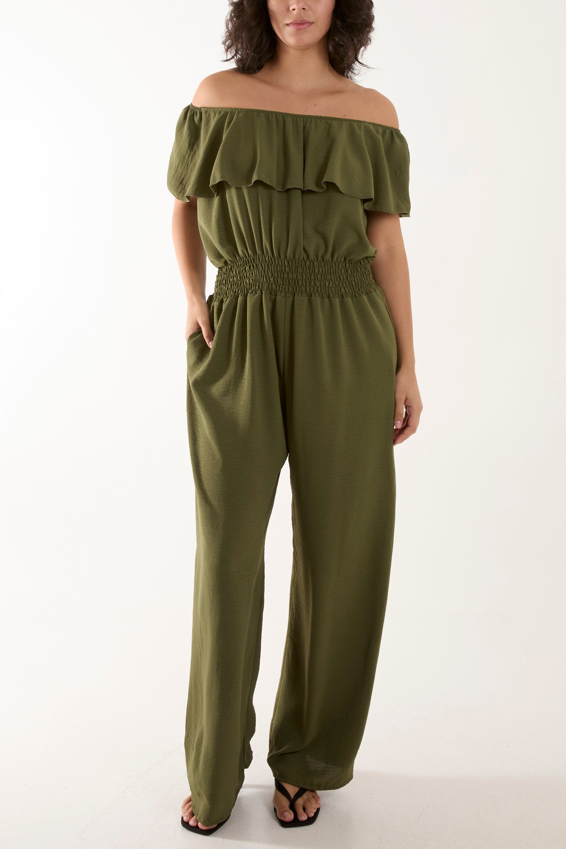 Denim Frilled Bardot Shirred Waist Jumpsuit For Women ONE SIZE - Dropwear