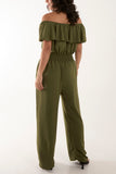 Khaki Frilled Bardot Shirred Waist Jumpsuit For Women ONE SIZE - Dropwear