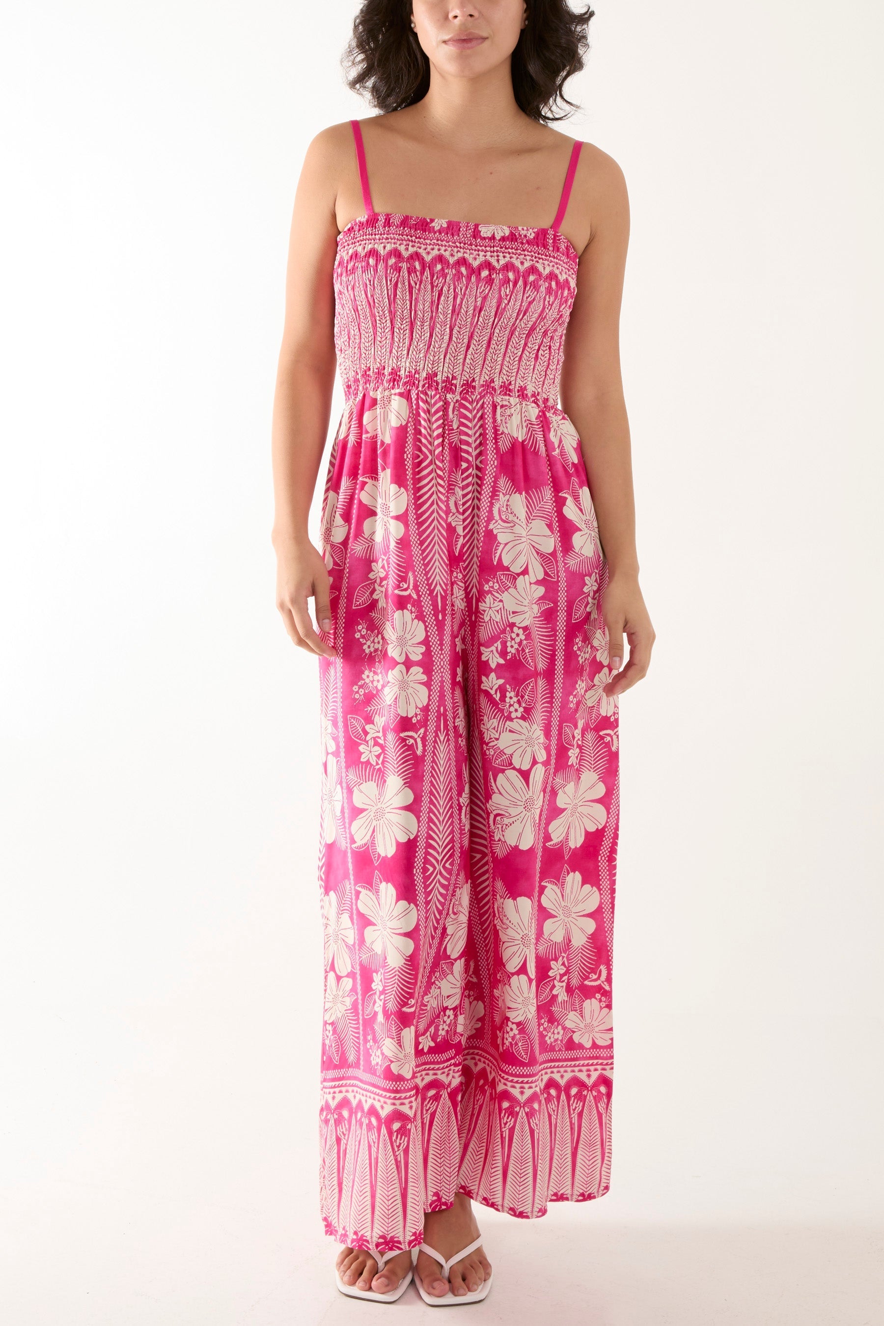 Floral Print Shirred Bust Cami Jumpsuit For Women  - Dropwear
