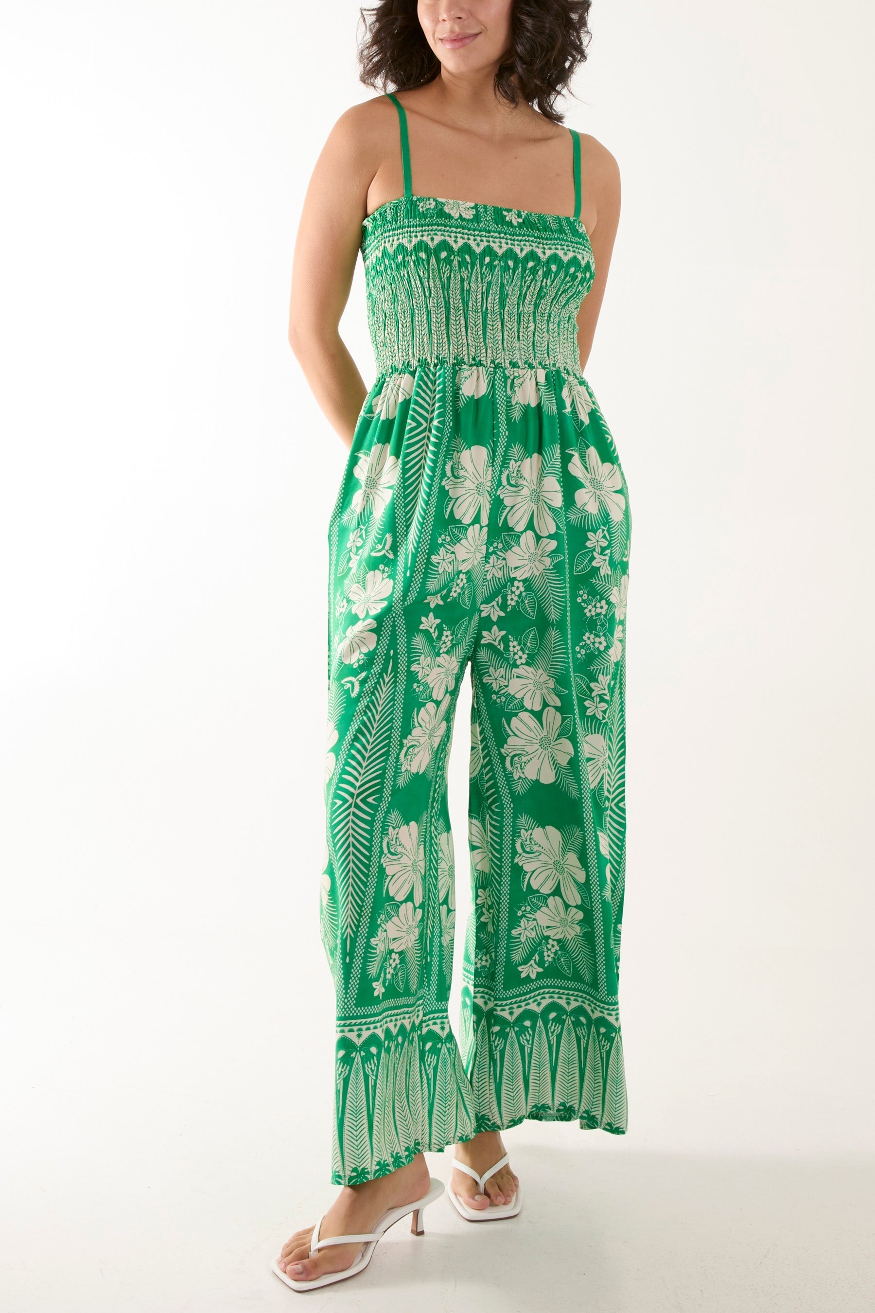 Floral Print Shirred Bust Cami Jumpsuit For Women  - Dropwear