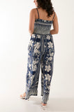 Khaki Floral Print Shirred Bust Cami Jumpsuit For Women ONE SIZE - Dropwear
