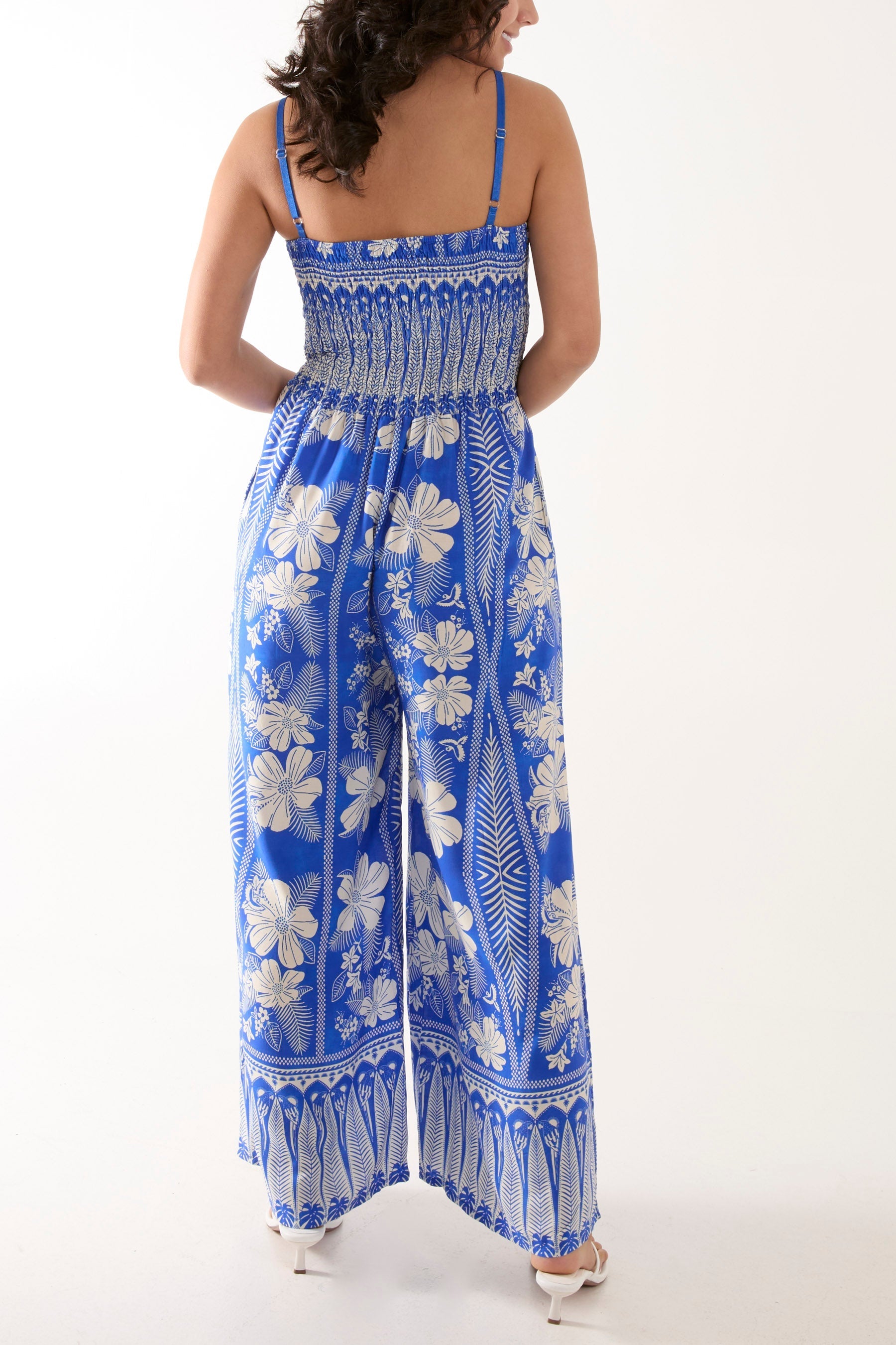 Navy Floral Print Shirred Bust Cami Jumpsuit For Women ONE SIZE - Dropwear