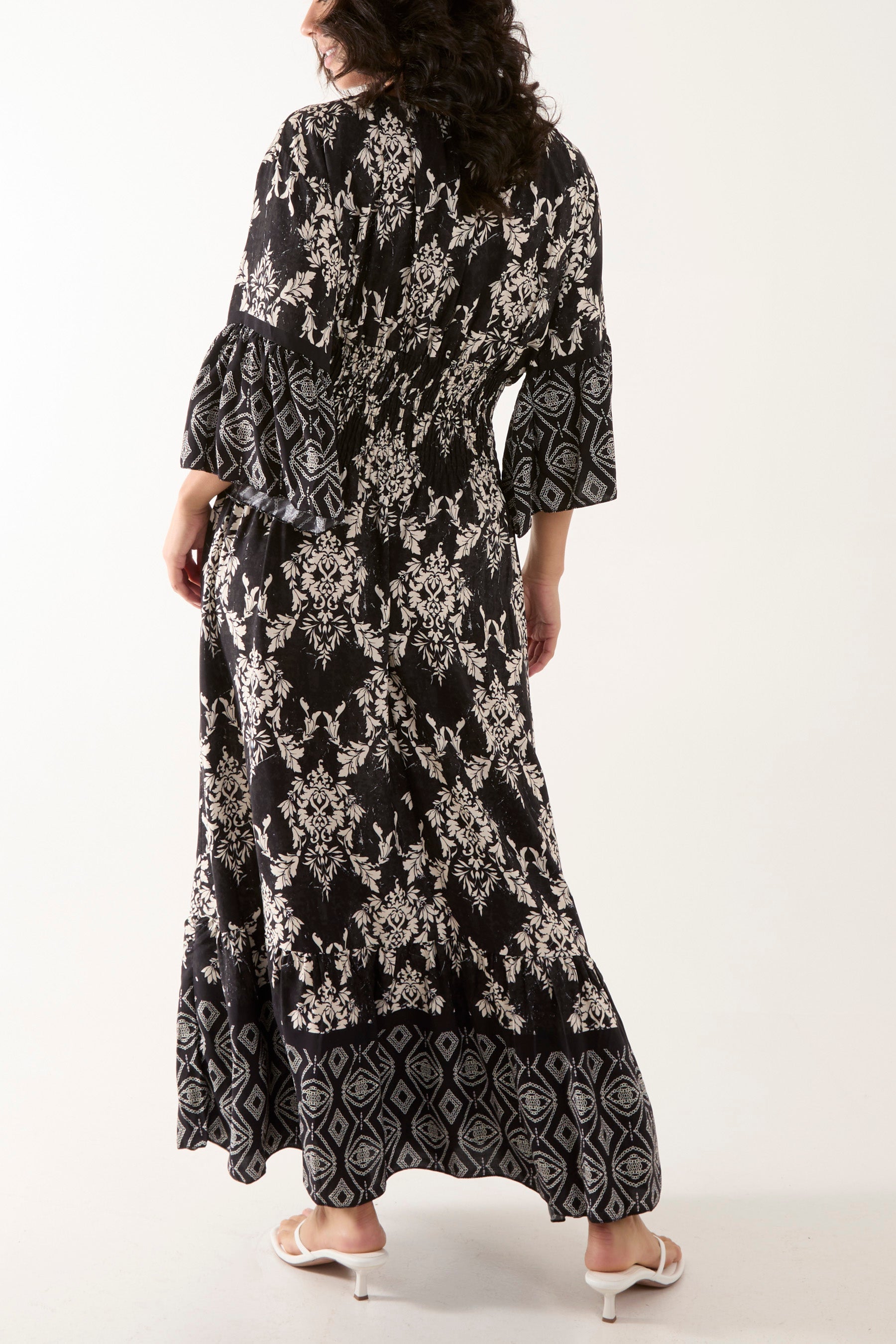 Shirred Waist Border Print Dress For Women  - Dropwear