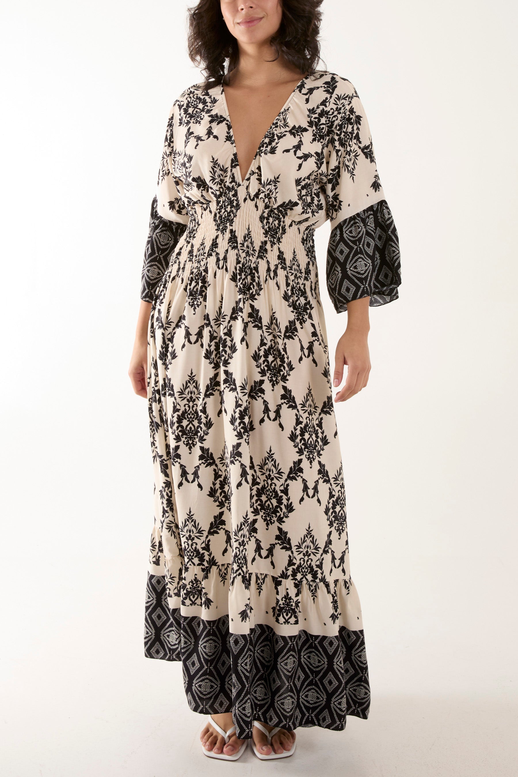 Black Shirred Waist Border Print Dress For Women ONE SIZE - Dropwear