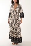 Black Shirred Waist Border Print Dress For Women ONE SIZE - Dropwear