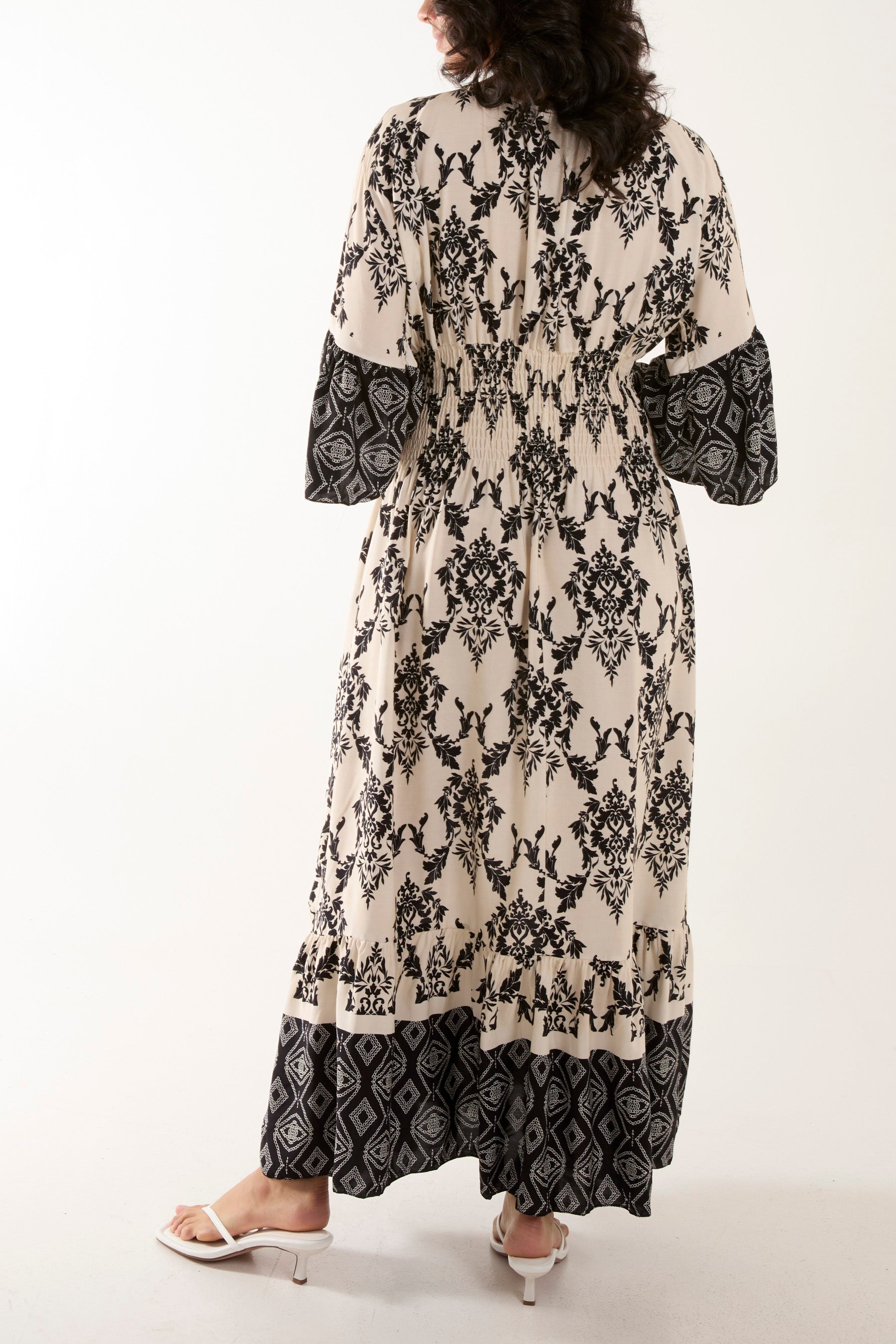 Navy Shirred Waist Border Print Dress For Women ONE SIZE - Dropwear
