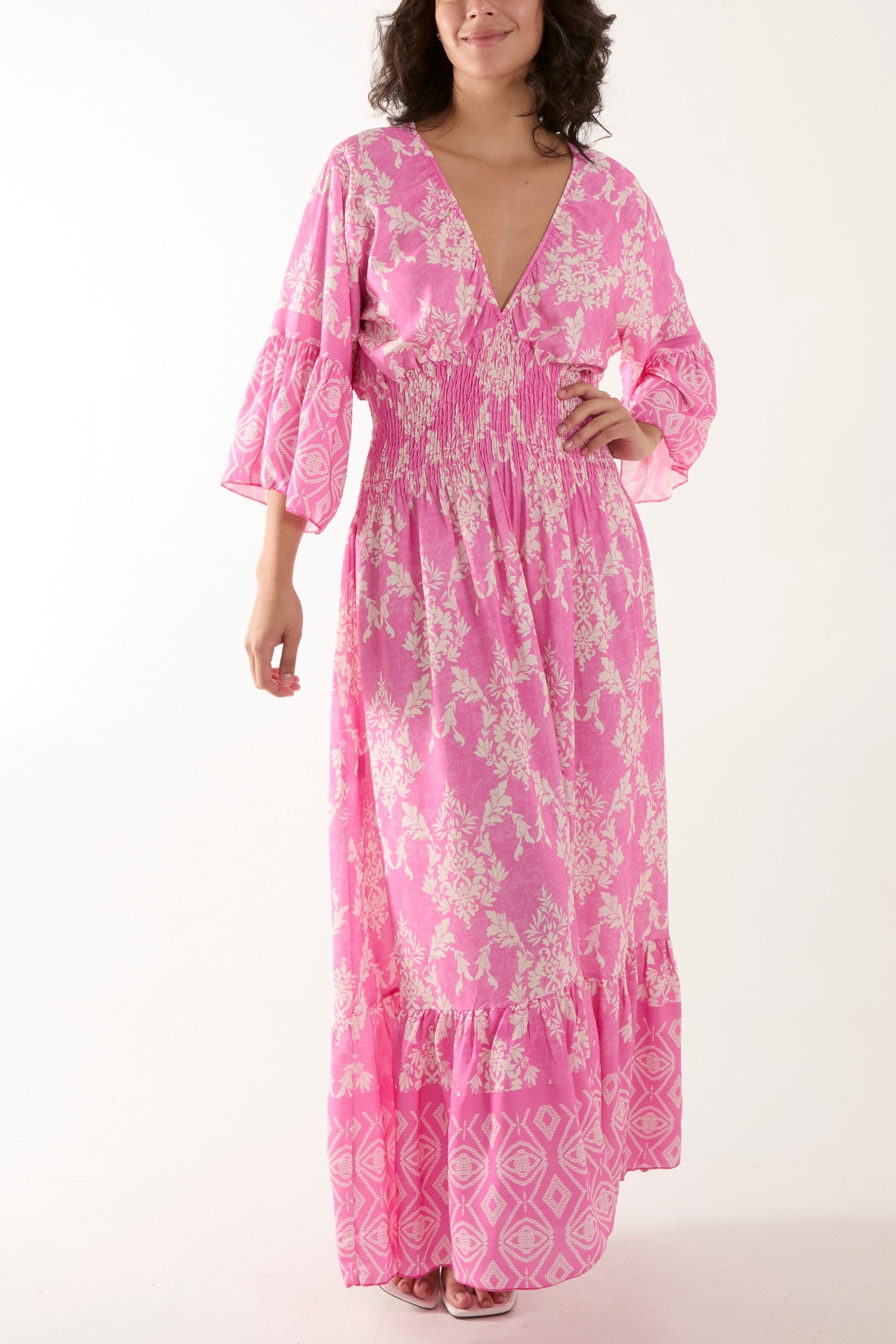 Shirred Waist Border Print Dress For Women  - Dropwear