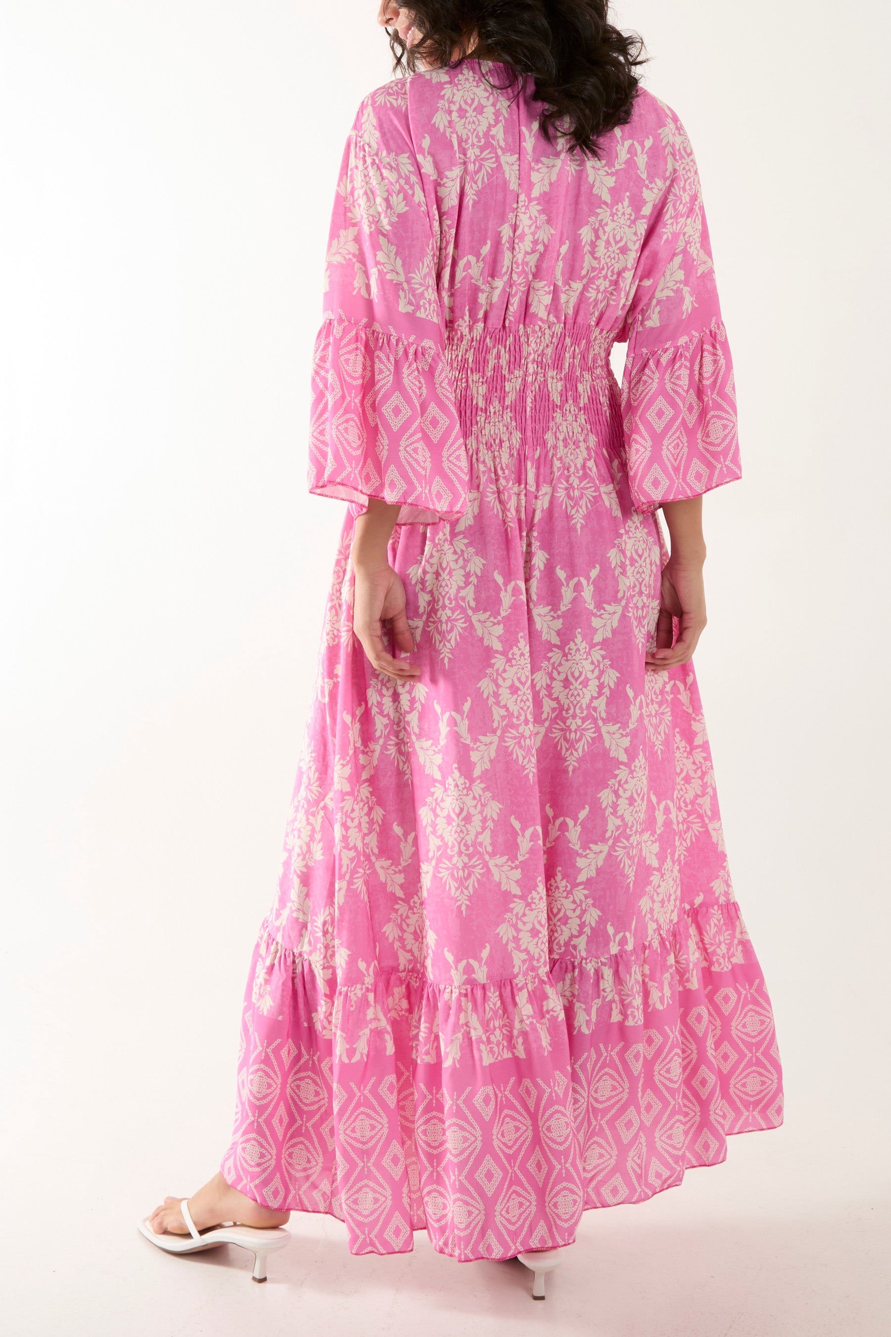 Shirred Waist Border Print Dress For Women  - Dropwear