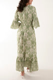 Stone Shirred Waist Border Print Dress For Women ONE SIZE - Dropwear