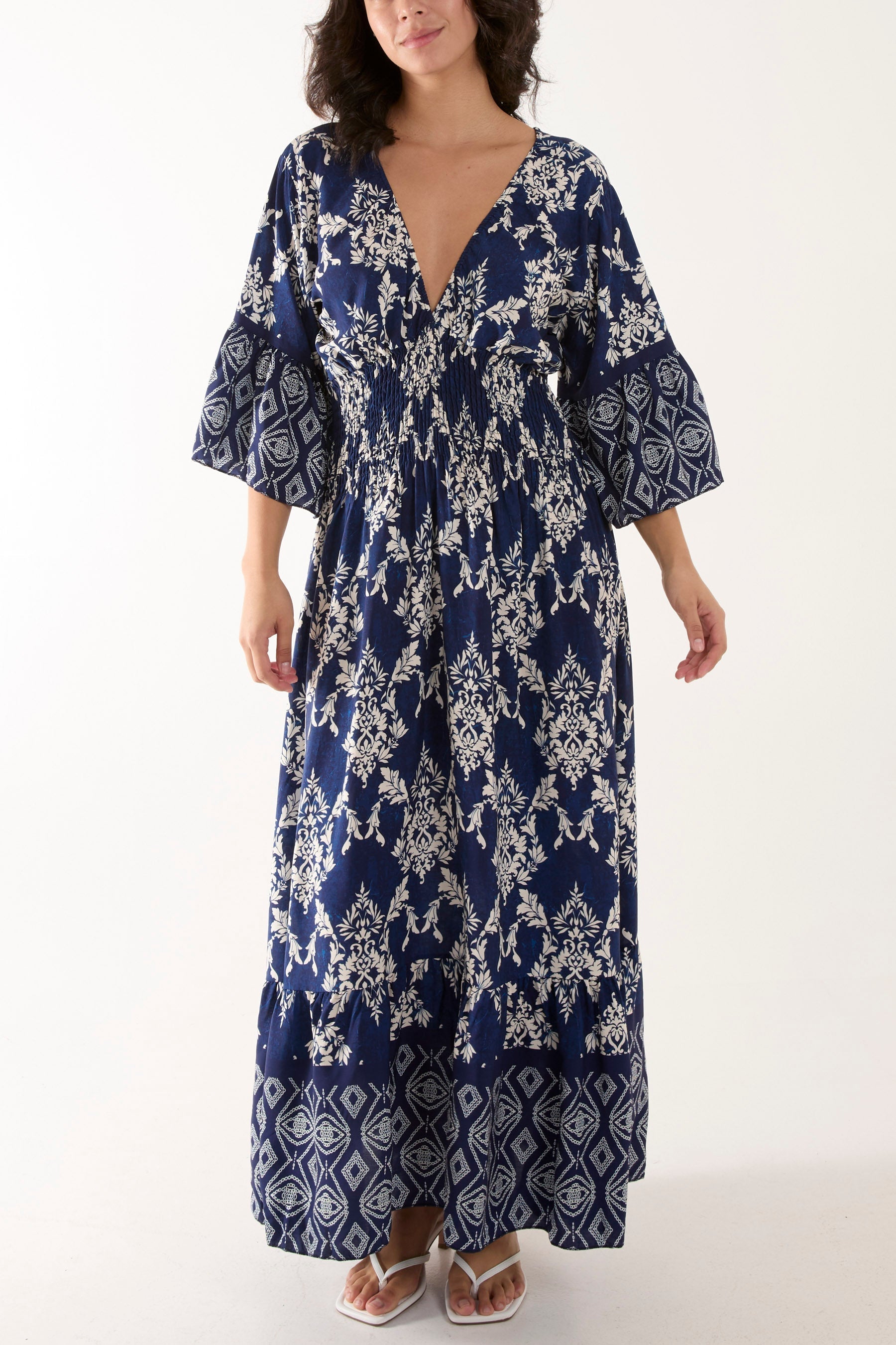 Shirred Waist Border Print Dress For Women  - Dropwear