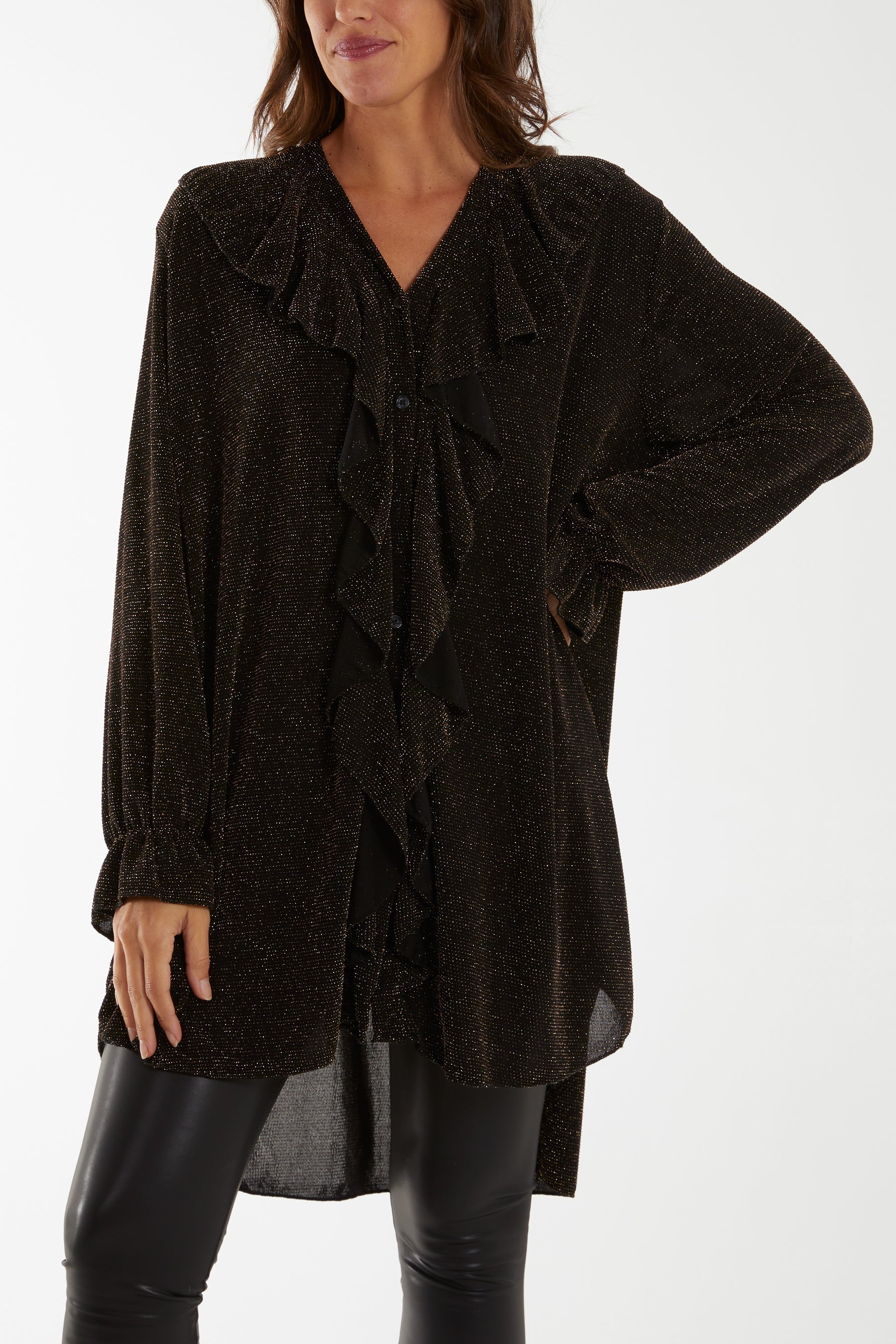 Black Glitter Lurex Ruffle Flounce Button Blouse For Women ONE SIZE - Dropwear