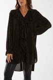 Black Glitter Lurex Ruffle Flounce Button Blouse For Women ONE SIZE - Dropwear