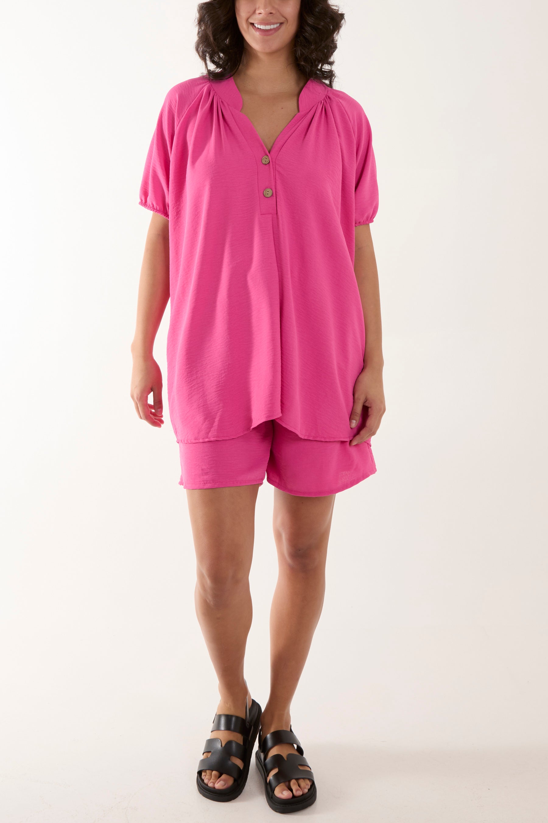Coral Short Sleeve Buttoned Collar Top & Short For Women ONE SIZE - Dropwear