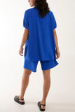 Hot Pink Short Sleeve Buttoned Collar Top & Short For Women ONE SIZE - Dropwear