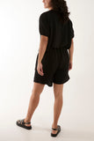 Beige Short Sleeve Buttoned Collar Top & Short For Women ONE SIZE - Dropwear