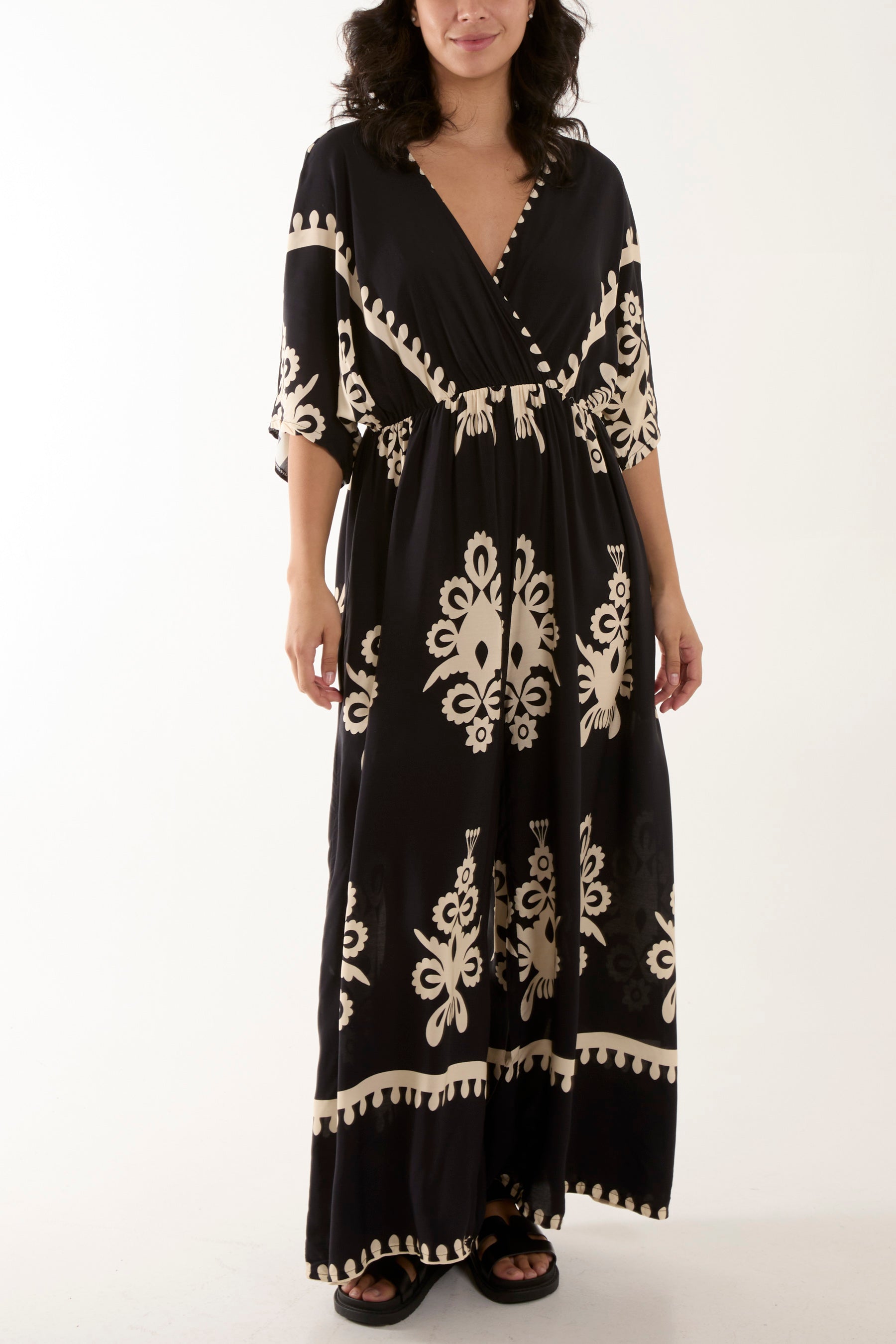 Black Printed V-Neck Wide Leg Jumpsuit For Women ONE SIZE - Dropwear