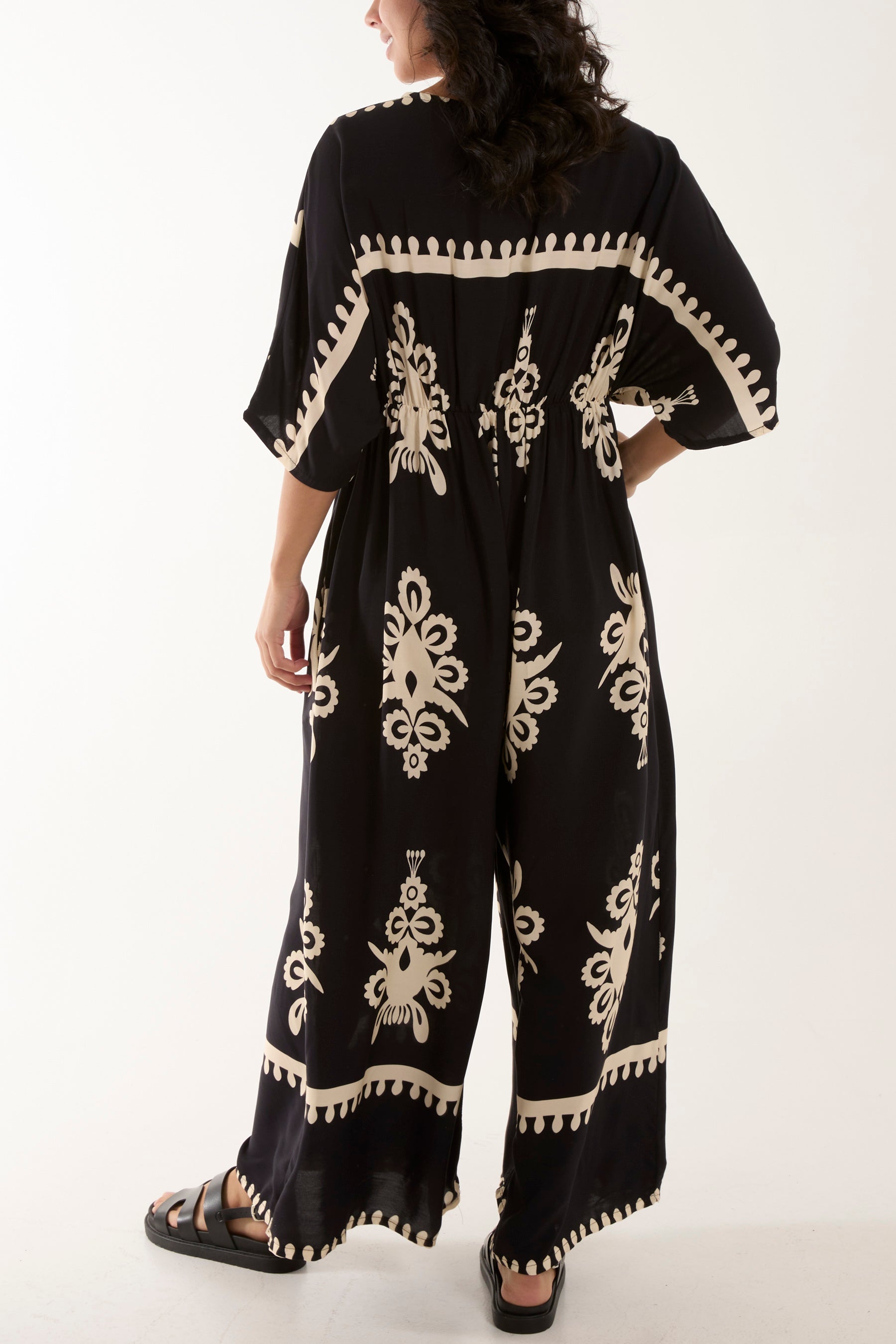 Navy Printed V-Neck Wide Leg Jumpsuit For Women ONE SIZE - Dropwear