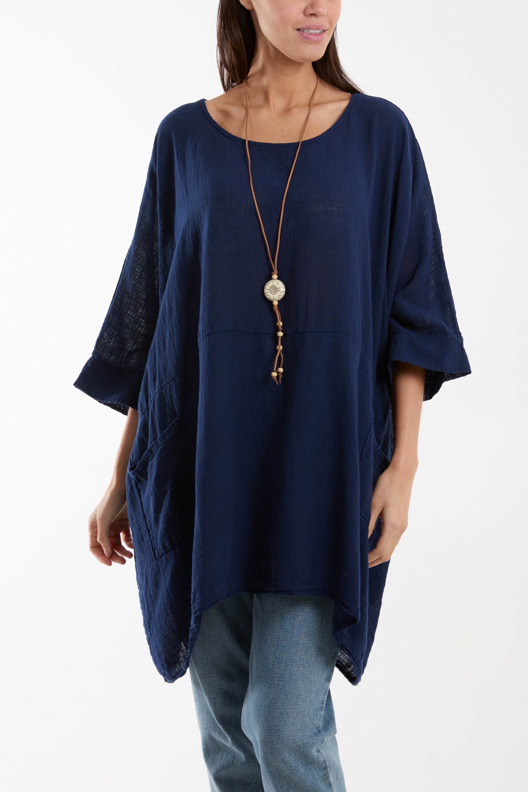 Navy Cotton Mix Necklace Pockets Top For Women ONE SIZE - Dropwear