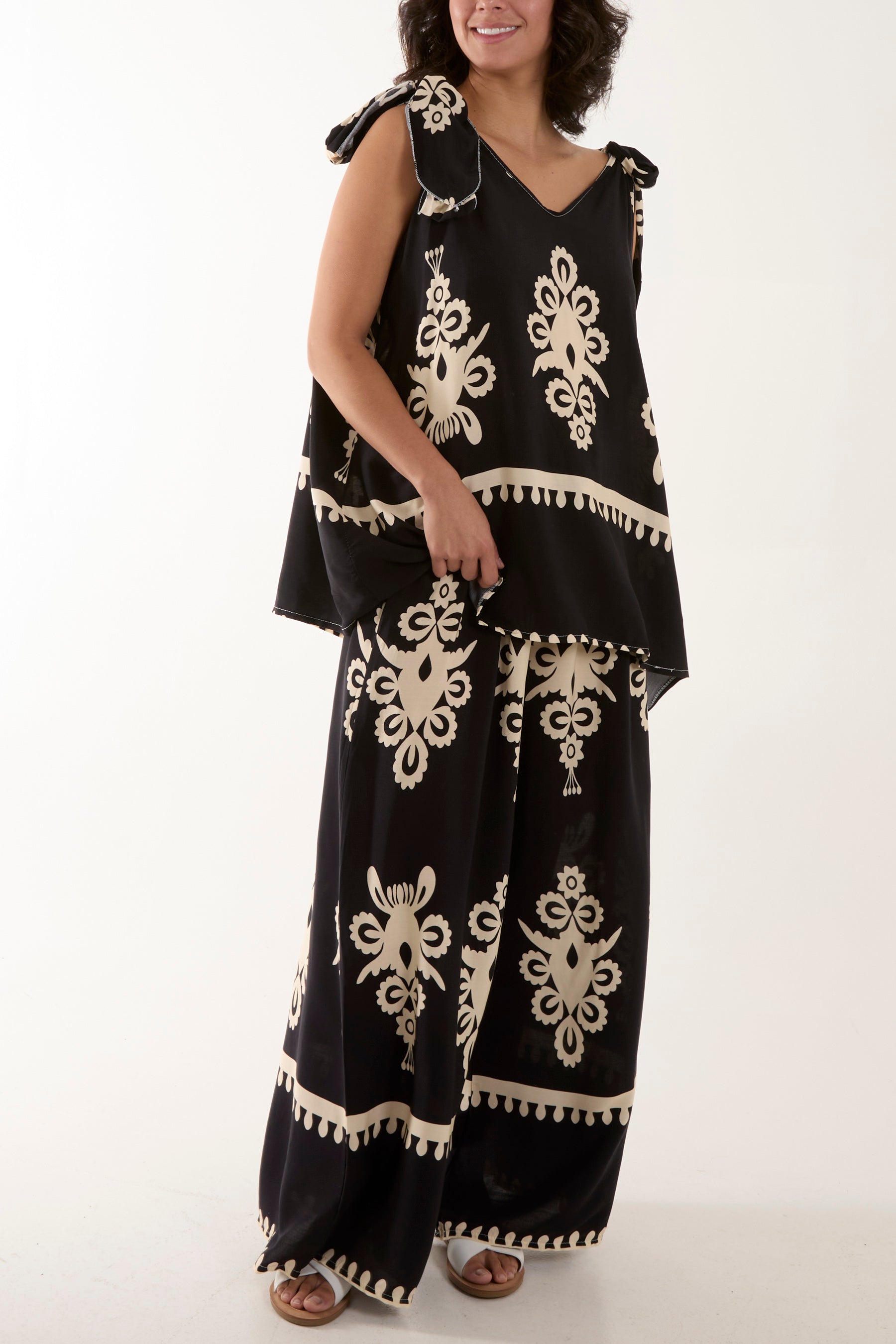 Stone Tie Shoulder Vest & Trouser Printed Co-Ord For Women ONE SIZE - Dropwear