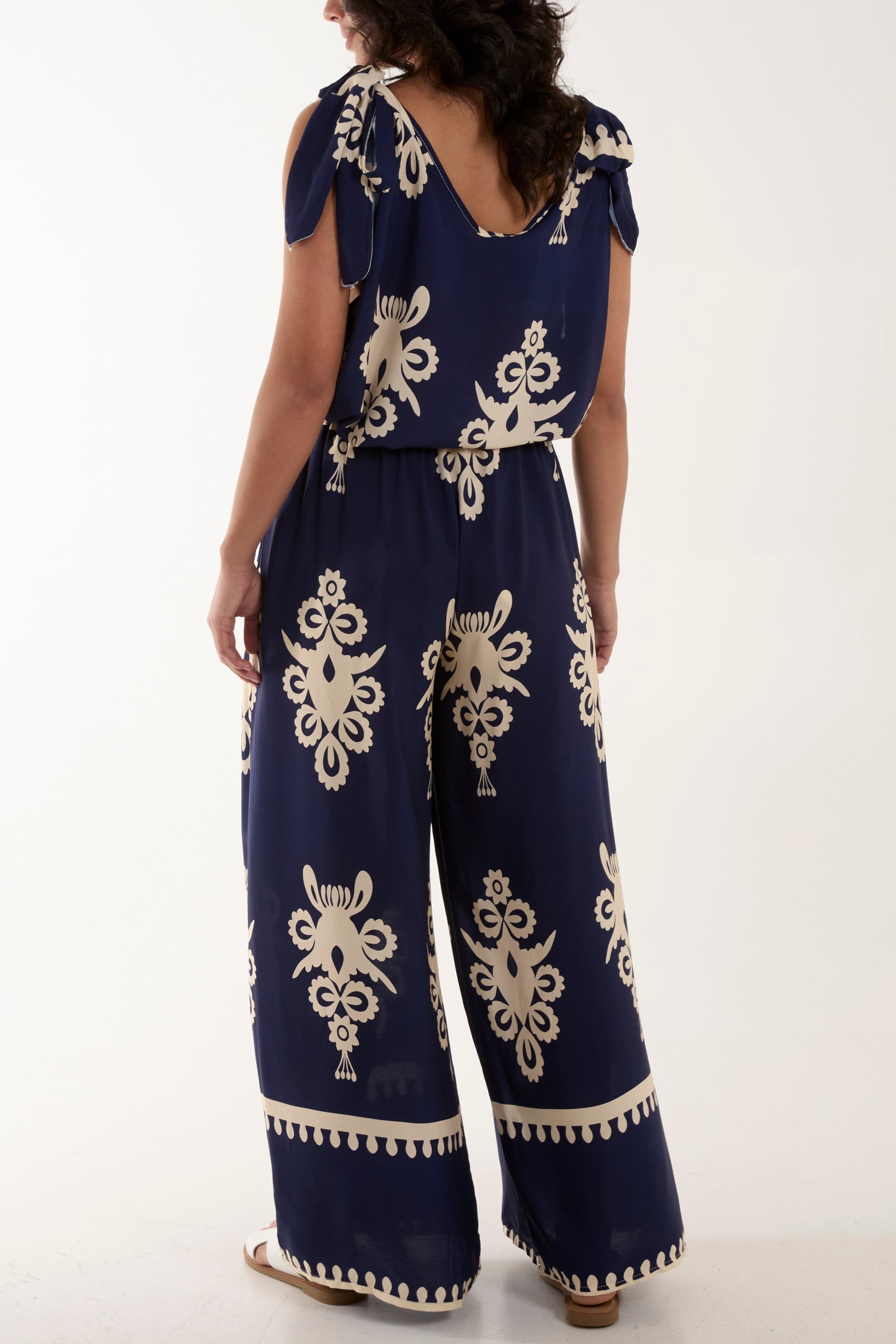 Navy Tie Shoulder Vest & Trouser Printed Co-Ord For Women ONE SIZE - Dropwear