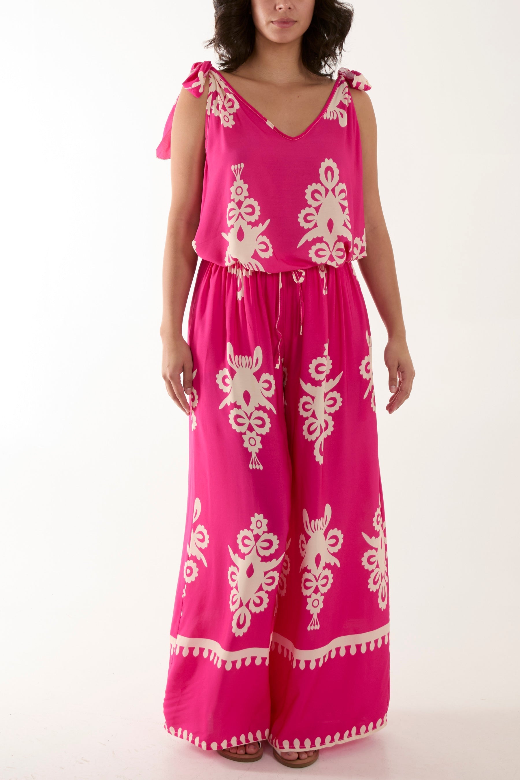 Jade Tie Shoulder Vest & Trouser Printed Co-Ord For Women ONE SIZE - Dropwear