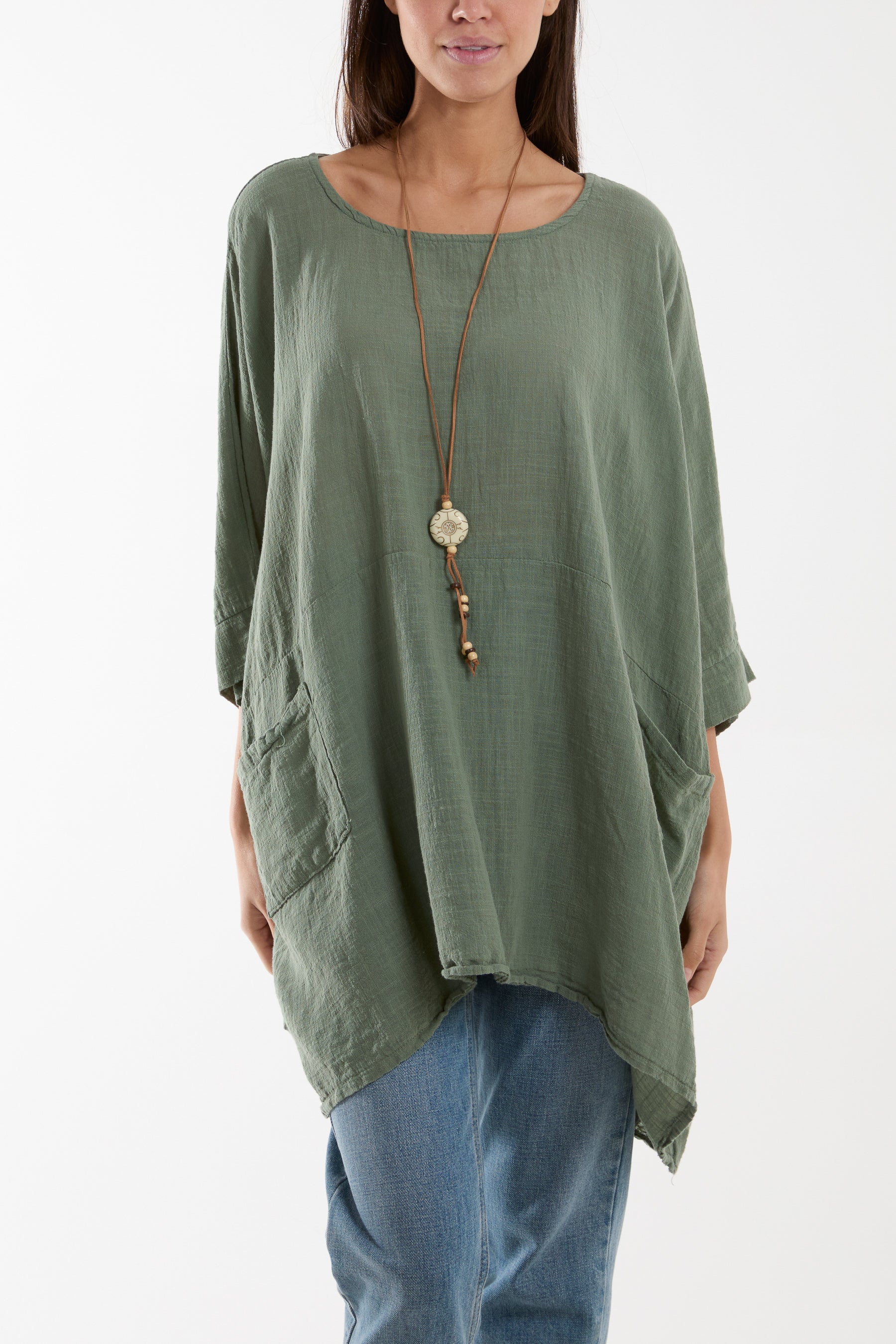 Mocha Cotton Mix Necklace Pockets Top For Women ONE SIZE - Dropwear