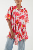 Hot Pink Abstract Tie Dye Frill Hem Plisse Shirt For Women ONE SIZE - Dropwear