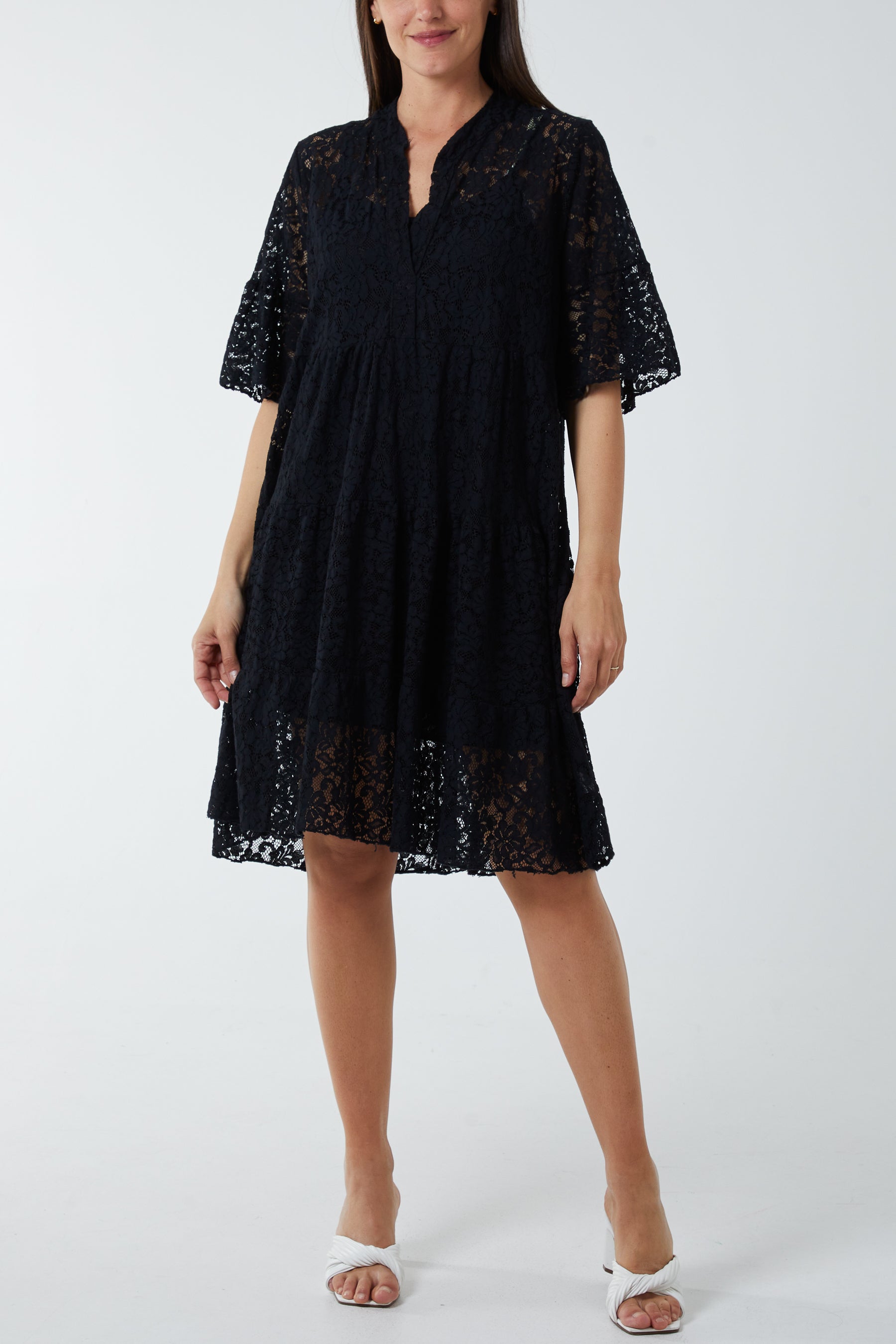 Angel Sleeve Tiered Lace Dress For Women  - Dropwear