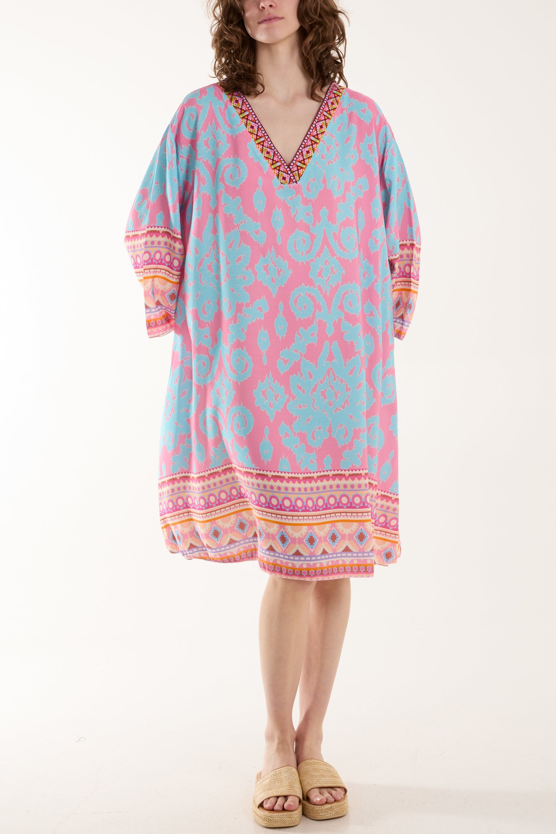 Embroidery V-Neck Printed Tunic Dress For Women  - Dropwear