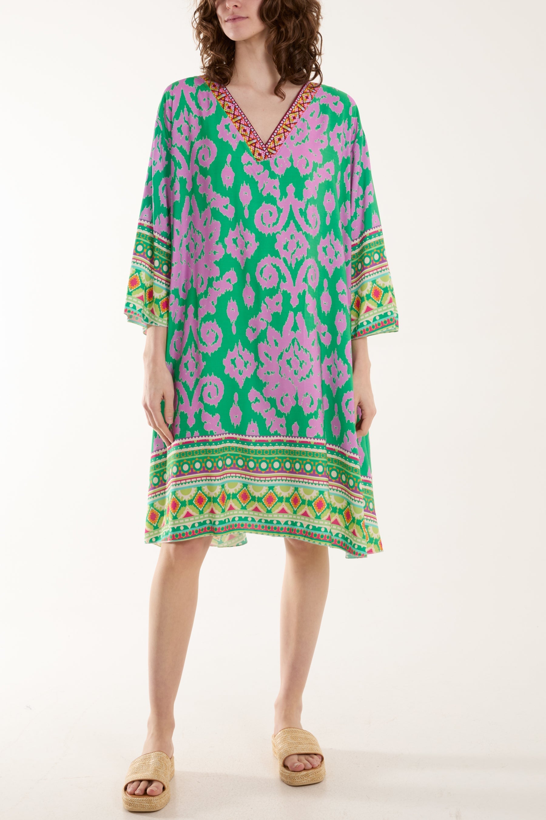 Embroidery V-Neck Printed Tunic Dress For Women  - Dropwear