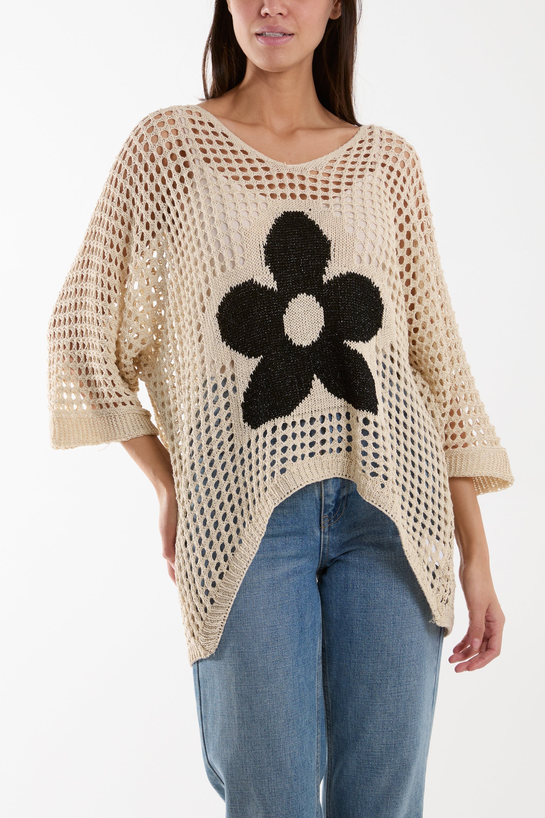 Beige V-Neck Daisy Crochet Top For Women ONE SIZE - Dropwear