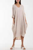 Crinkle Cocoon Midi Dress w/ Pockets For Women  - Dropwear