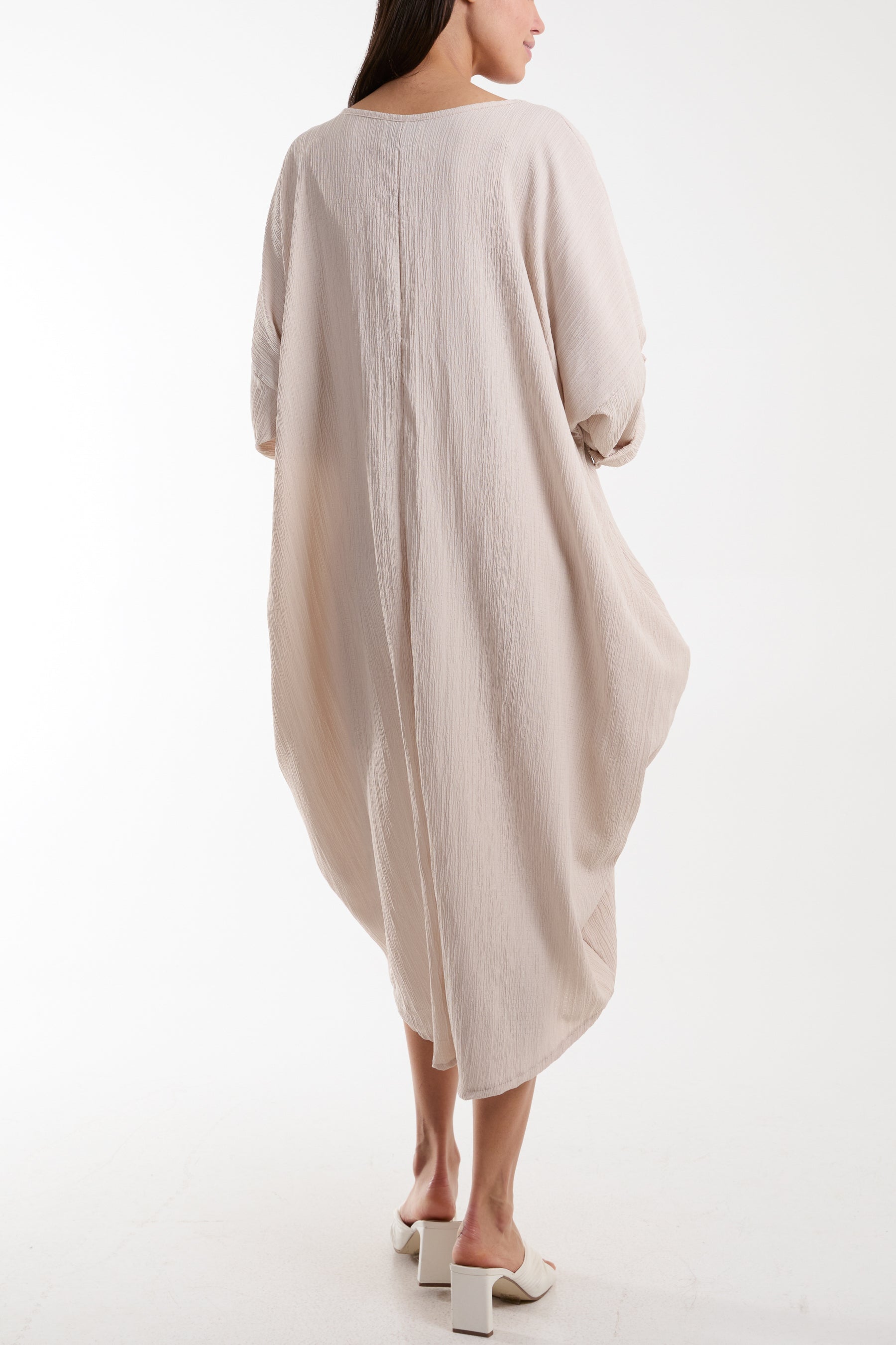 Crinkle Cocoon Midi Dress w/ Pockets For Women  - Dropwear