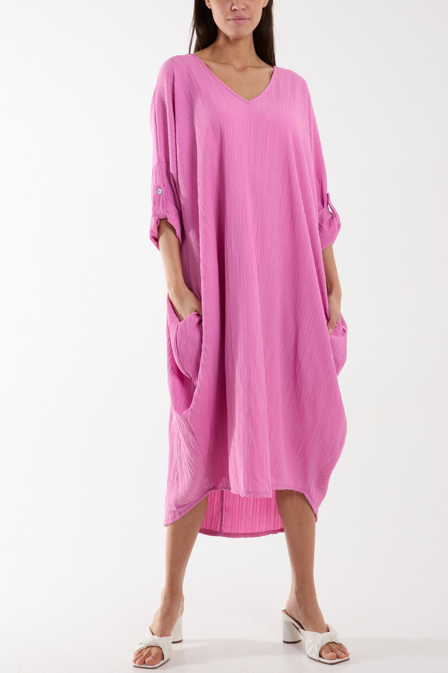 Crinkle Cocoon Midi Dress w/ Pockets For Women  - Dropwear