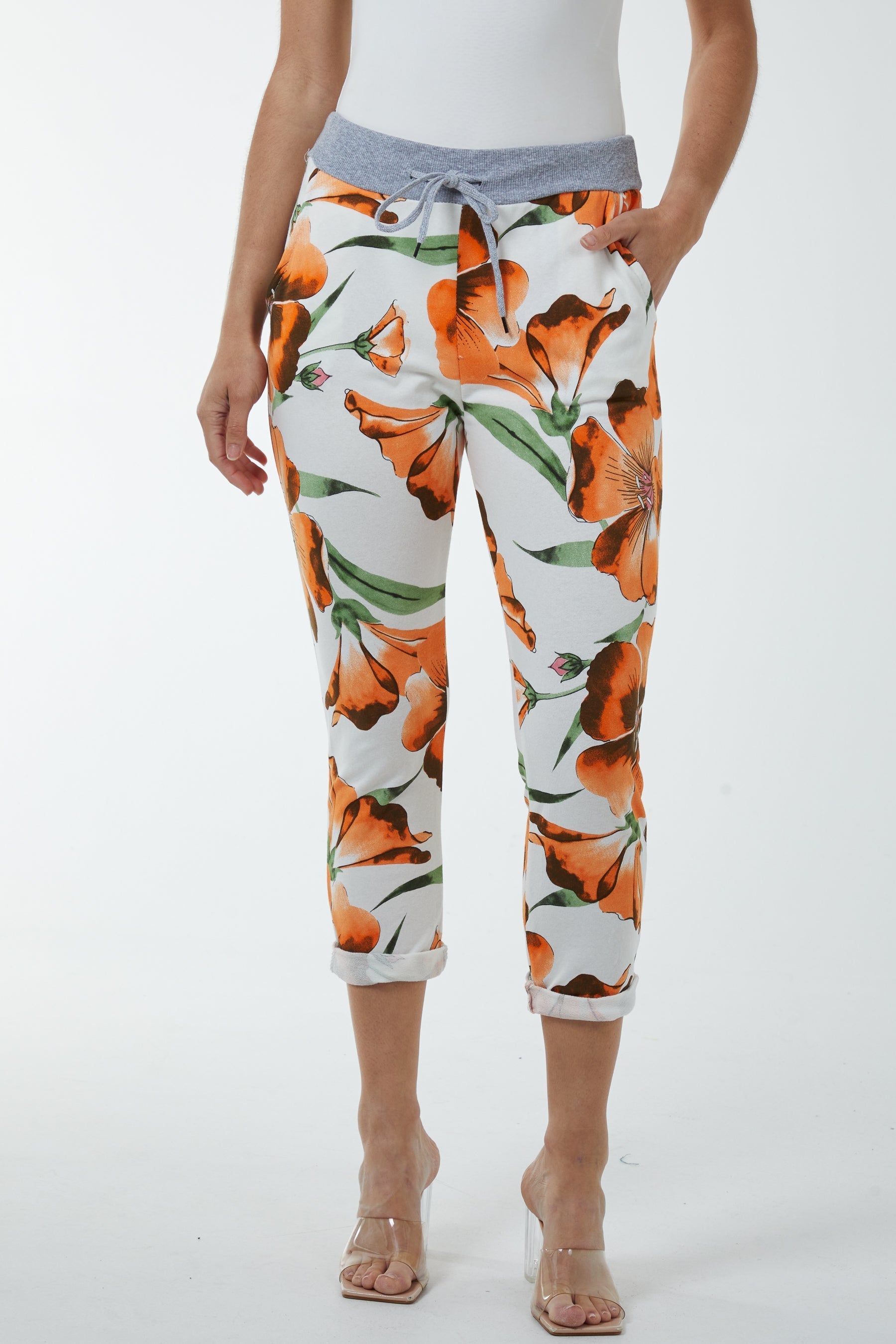 Hawaiian Flower Contrast Waist Trousers For Women  - Dropwear