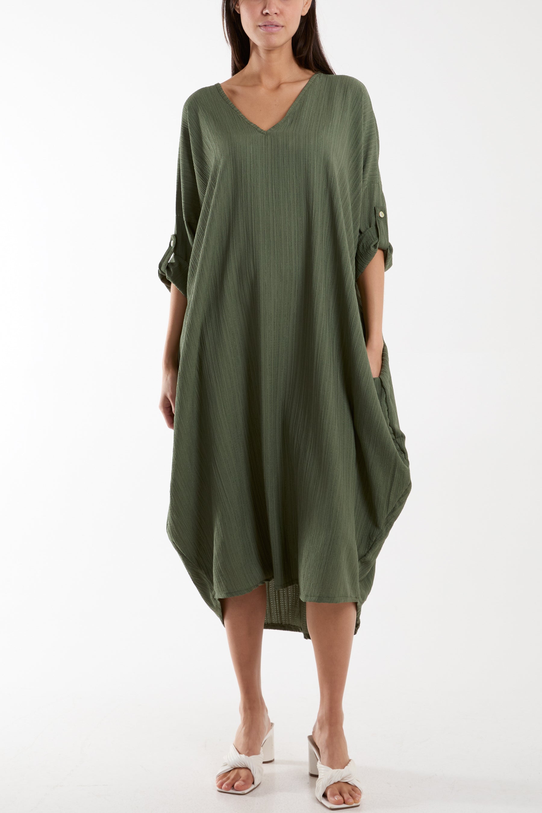 Stone Crinkle Cocoon Midi Dress w/ Pockets For Women ONE SIZE - Dropwear