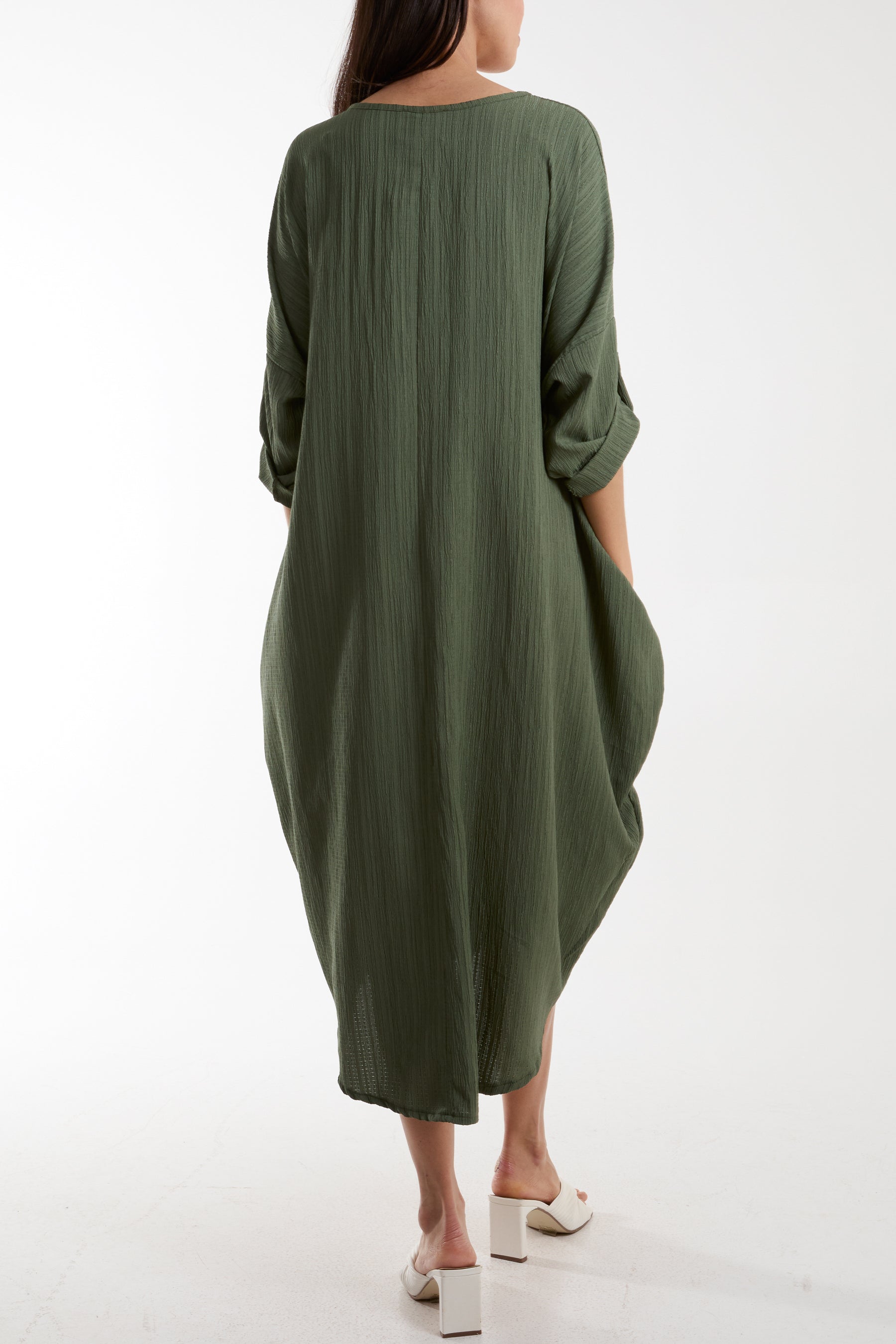 Black Crinkle Cocoon Midi Dress w/ Pockets For Women ONE SIZE - Dropwear